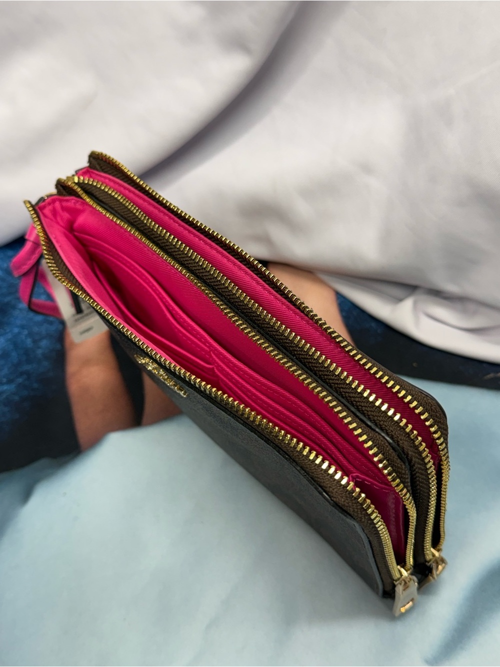 (new+tag) Coach Double-Zip Wristlet Brown Signature Monogram - Pink Wrist Strap - Picture 10 of 12
